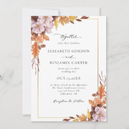 Convite Casamento Floral Outono Elegante Folhagem Script