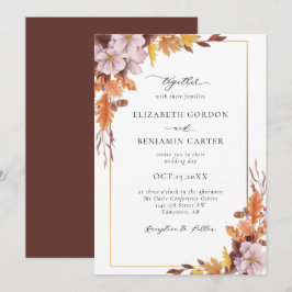 Convite Casamento Floral Outono Elegante Folhagem Script