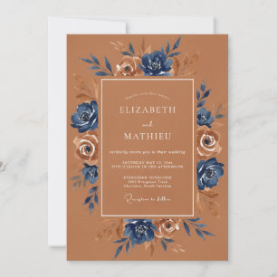 Convite Casamento Floral Outono em Azul Marinho e Bege