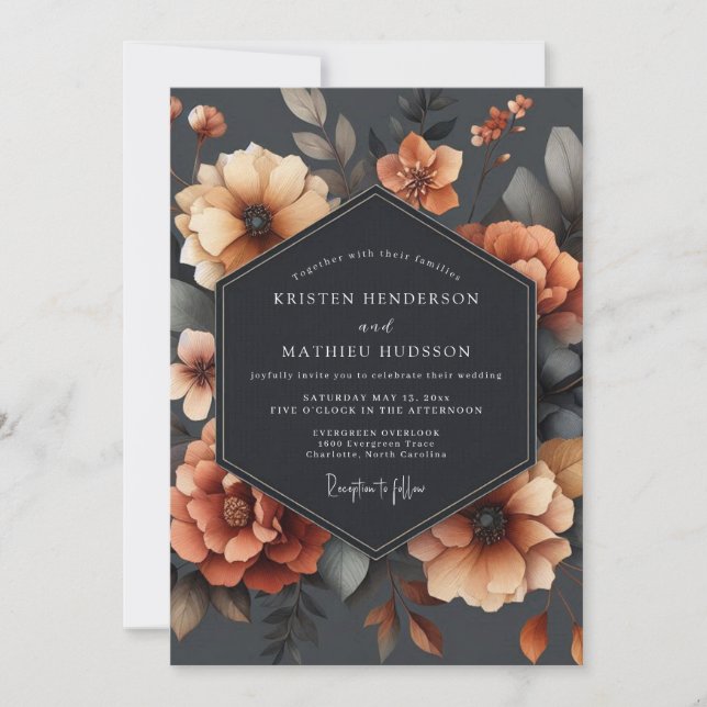 Convite Casamento Floral Outono Laranja Queimada (Frente)