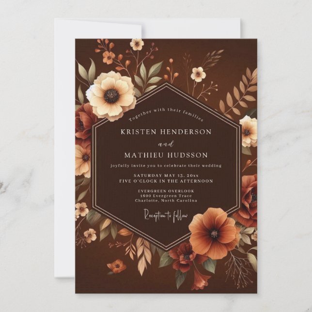 Convite Casamento Floral Outono Marrom (Frente)