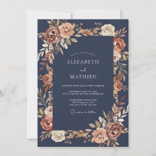 Convite Casamento Floral Outono Rust Navy