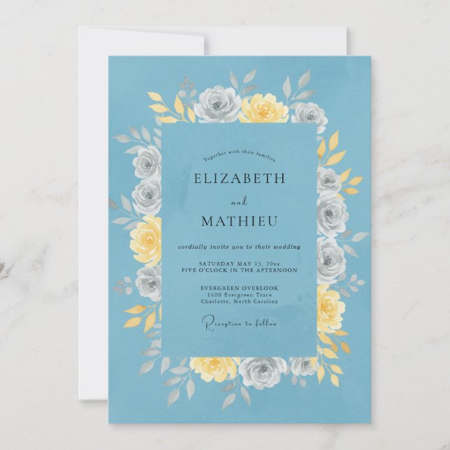 Convite Casamento Floral Pacífico Azul Empoeirado (Frente)