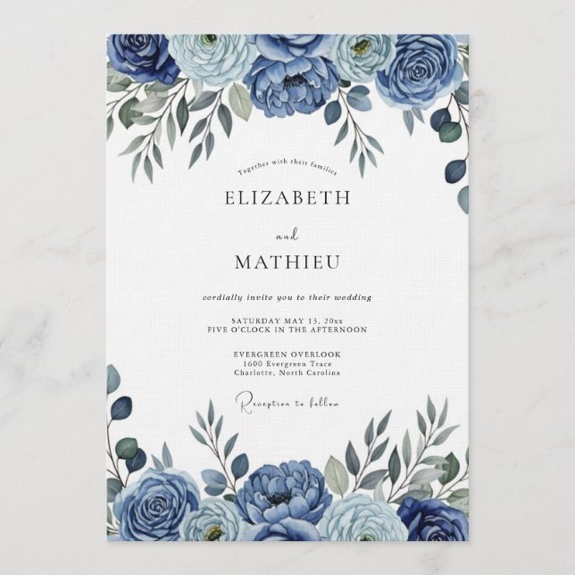 Convite Casamento Floral Painterly Azul (Frente)