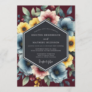 Convite Casamento Floral Painterly Azul Empoeirado