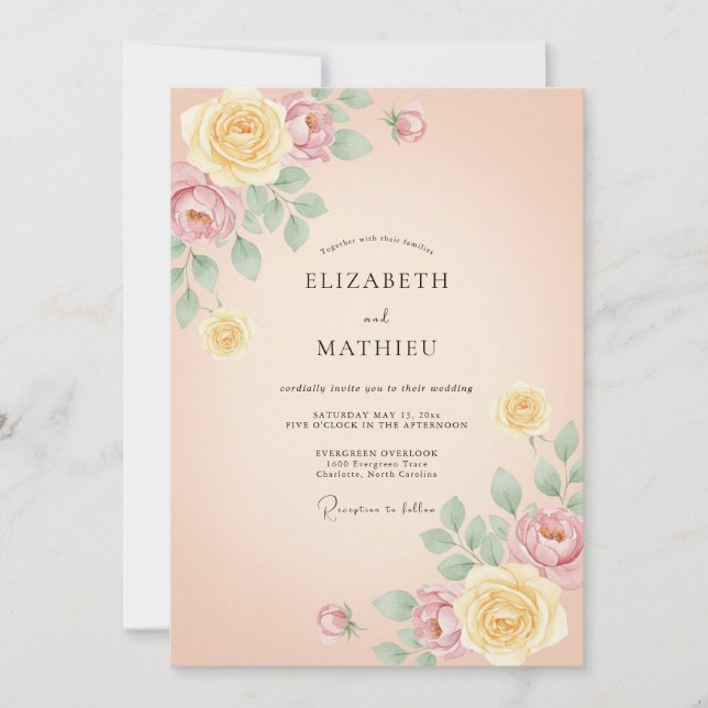 Convite Casamento Floral Painterly de Pêssego (Frente)