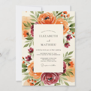 Convite Casamento Floral Painterly Laranja Borgonha