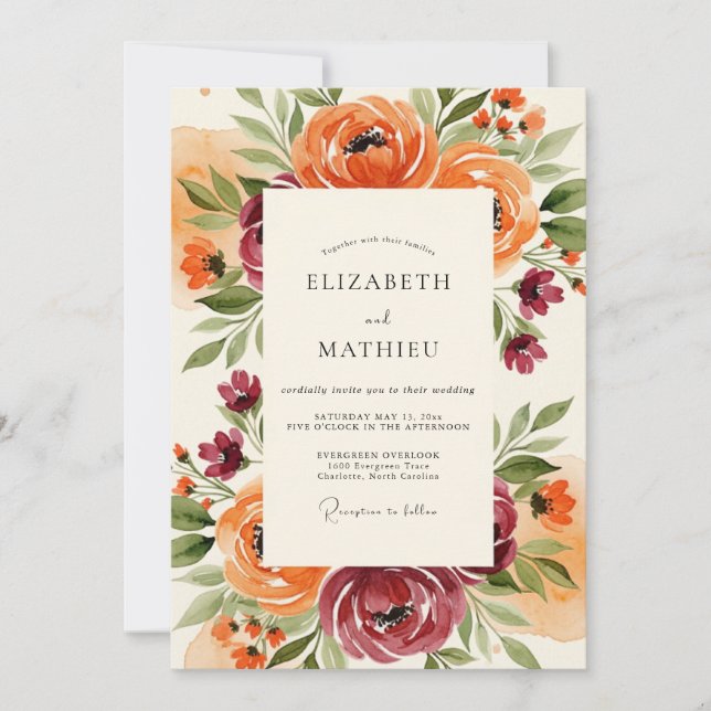 Convite Casamento Floral Painterly Laranja Borgonha (Frente)