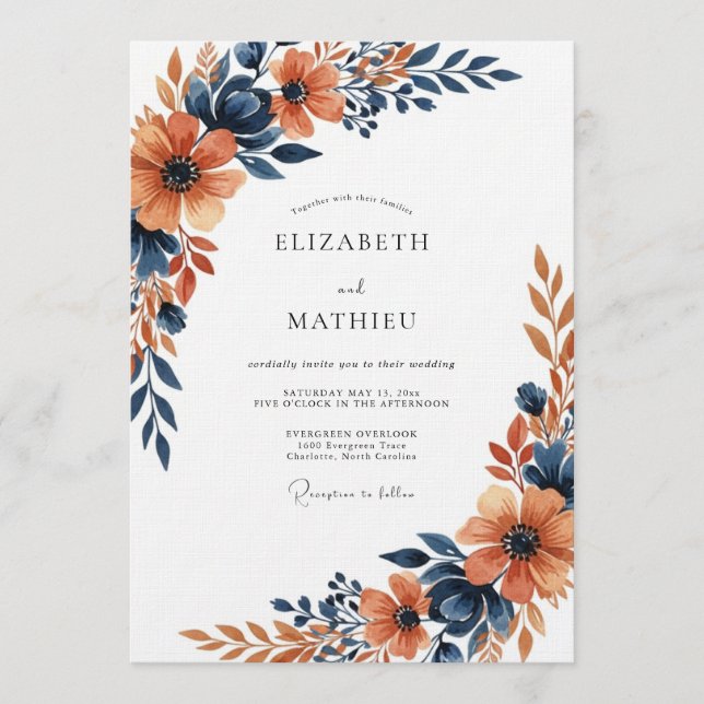 Convite Casamento Floral Painterly Laranja Queimada (Frente)