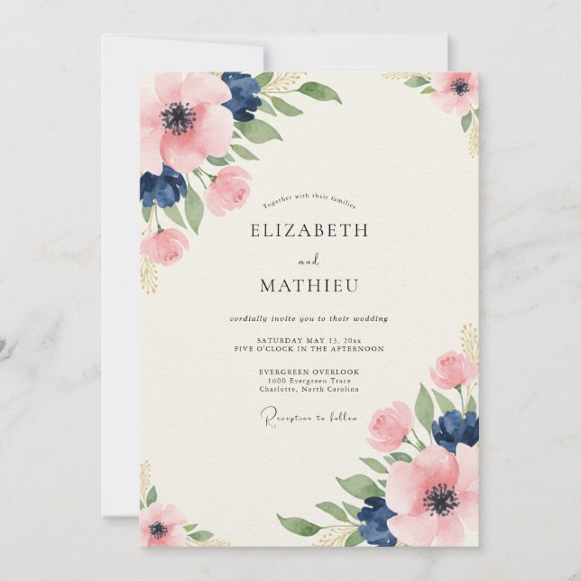 Convite Casamento Floral Painterly Rosa Marinho (Frente)