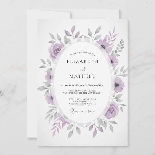 Convite Casamento Floral Painterly Roxo Empoeirado (Frente)