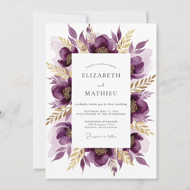 Convite Casamento Floral Painterly Roxo Intenso (Frente)
