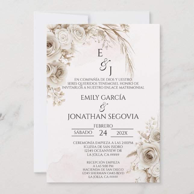 Convite Casamento floral pampas Boho espanhol (Frente)