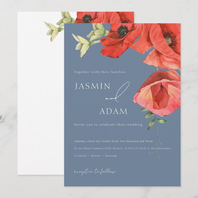 Convite Casamento Floral Papoula Vermelha Azul Empoeirado (Frente/Verso)