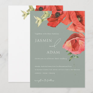 Convite Casamento Floral Papoula Vermelha Verde Salvia