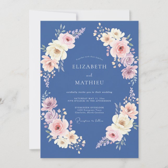 Convite Casamento Floral Pastel Azul Aço (Frente)