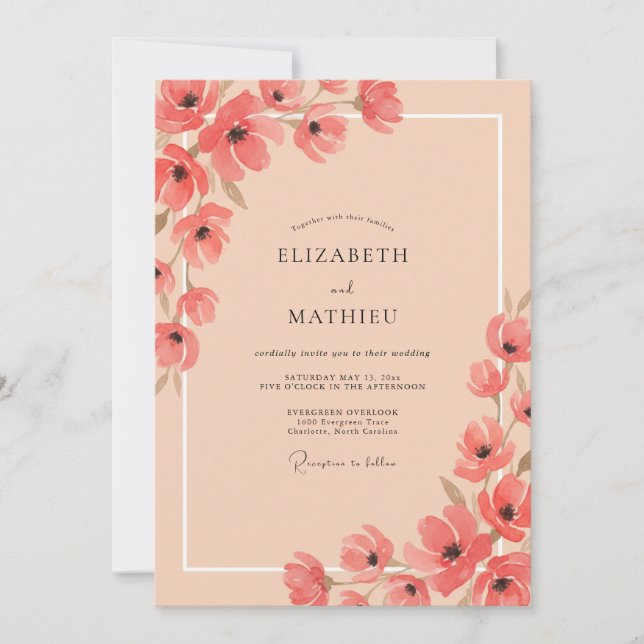 Convite Casamento Floral Pastel Coral (Frente)