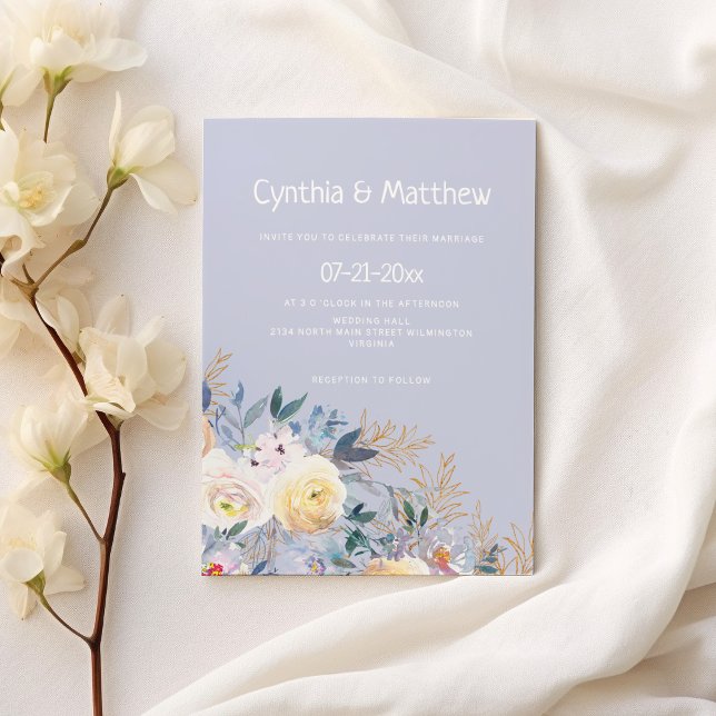 Convite Casamento floral pastel de ouro azul botânico (Botanical blue gold pastel floral wedding)