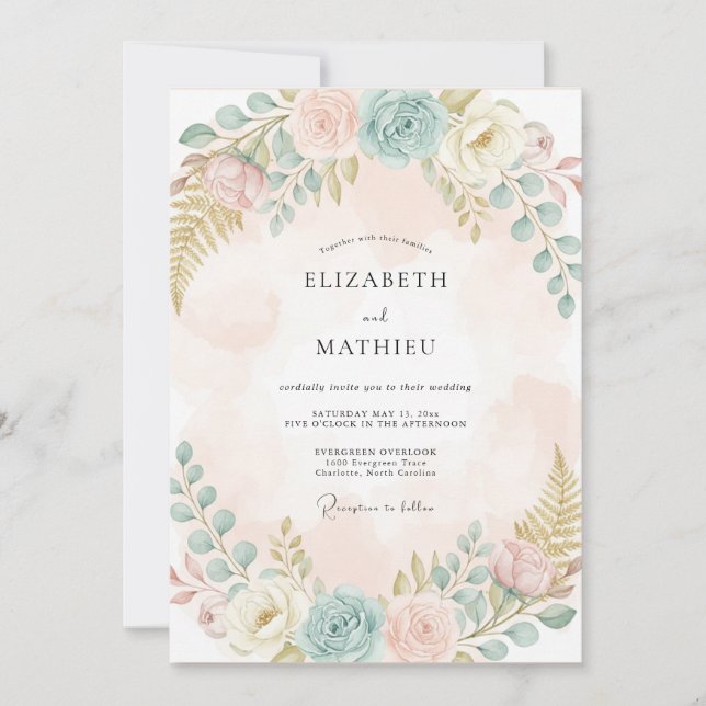 Convite Casamento Floral Pastel de Pêssego (Frente)