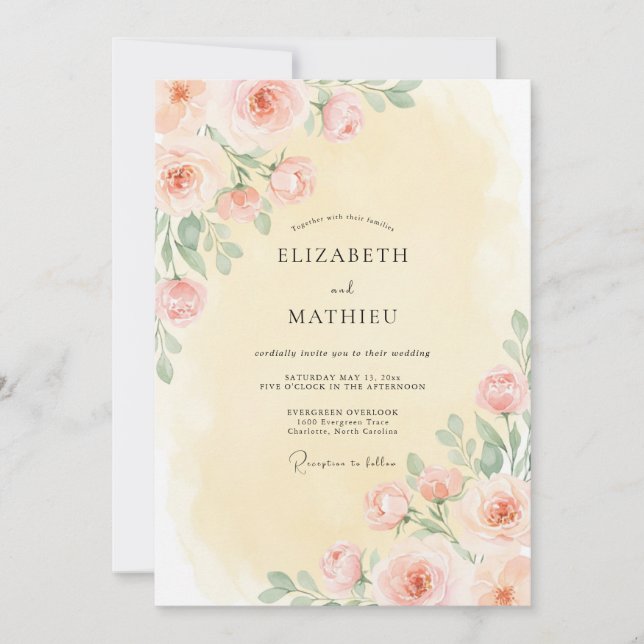 Convite Casamento Floral Pastel de Pêssego Abraço (Frente)