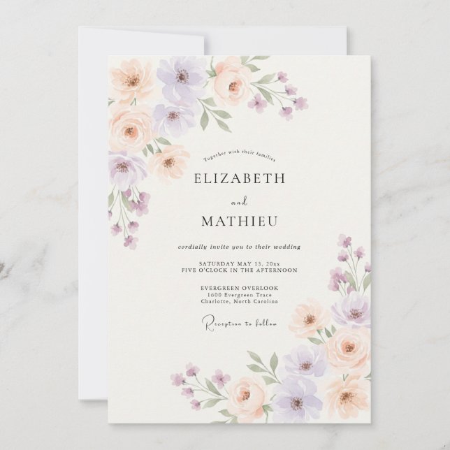 Convite Casamento Floral Pastel Lavanda (Frente)