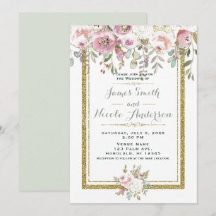 Convite Casamento Floral Pastel Moderno Rosa Verde e Doura