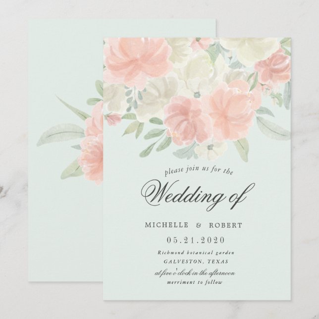 Convite casamento floral pastel primavera leve (Frente/Verso)