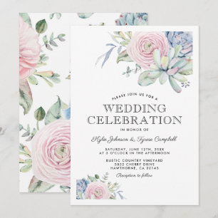 Convite Casamento Floral Pastel Suculenta Aquarela