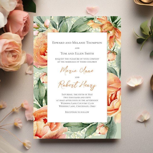 Convite Casamento Floral Peach Elegant Watercolor (Elegant peach floral wedding save the date photo card)