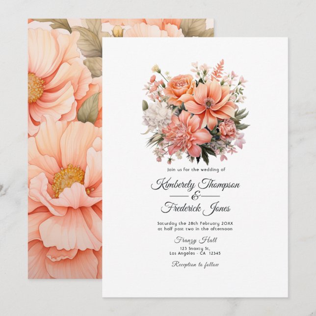 Convite Casamento Floral Peach Fuzz (Frente/Verso)