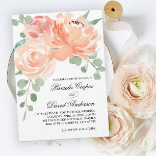 Convite Casamento Floral Peach Watercolor