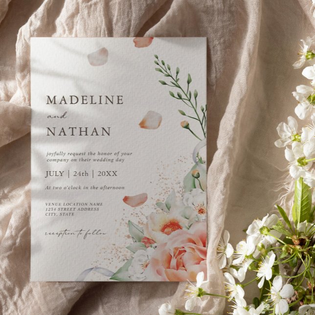 Convite Casamento Floral Peach Watercolor (Criador carregado)