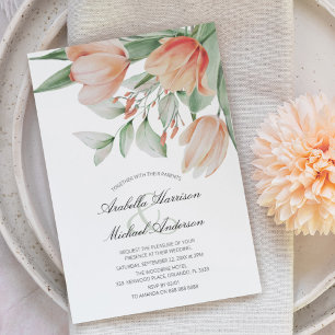 Convite Casamento Floral Peachy Aquarela de Primavera