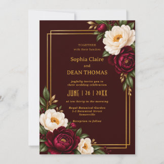 Convite Casamento Floral Peônia Bege Borgonha Preto 