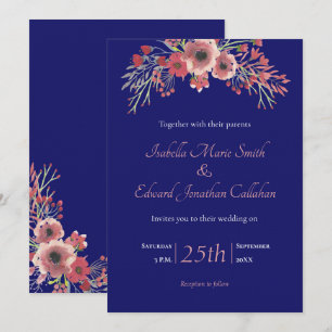 Convite Casamento Floral Peônia Coral Azul Marinho Moderno