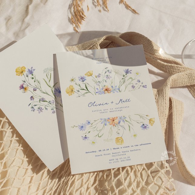 Convite Casamento Floral-Periwinkle de Flor Selvagem (Wildflower Elegant Floral Periwinkle Wedding Invitation)