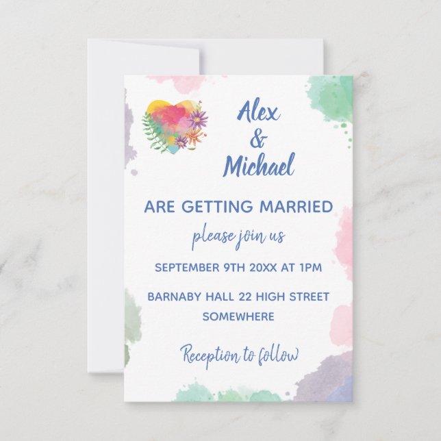 Convite Casamento Floral Personalizável Pastel Watercolor  (Frente)