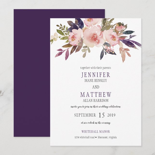 Convite Casamento Floral Pêssego Lavanda Rosa| (Frente/Verso)
