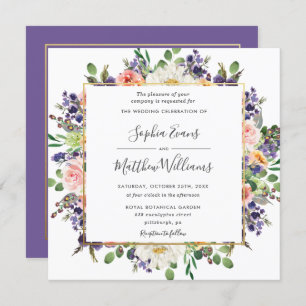 Convite Casamento Floral Pêssego Pêssego Roxo Vibrante