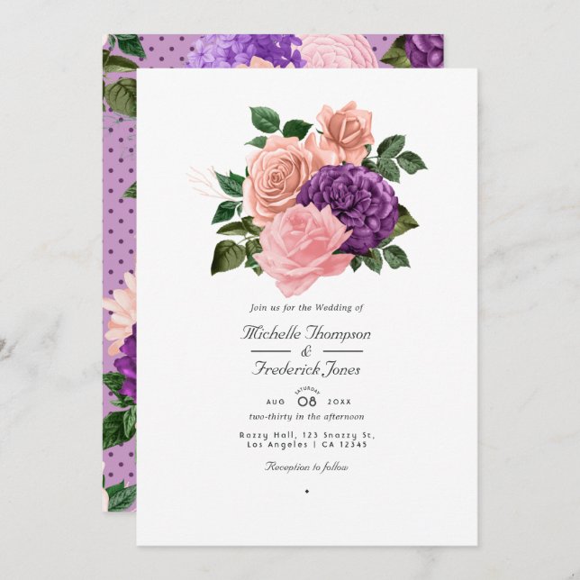 Convite Casamento Floral Pêssego-Rosa e Lavanda Roxo (Frente/Verso)
