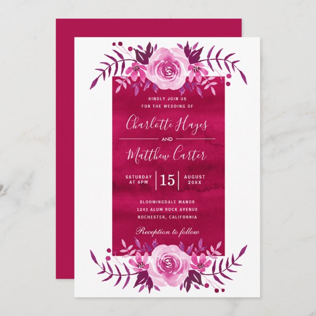 Convite Casamento Floral Pink Watercolor (Frente/Verso)