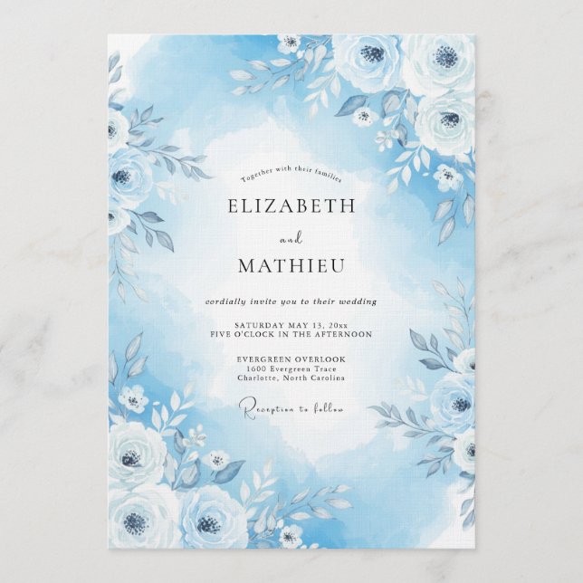 Convite Casamento Floral Pintado Azul Céu (Frente)