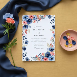 Convite Casamento Floral Pintado Azul-Navy