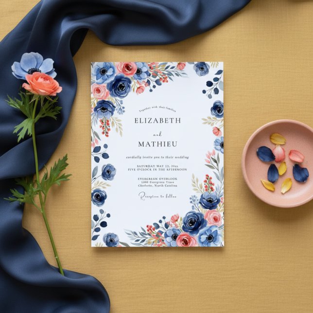 Convite Casamento Floral Pintado Azul-Navy (Criador carregado)