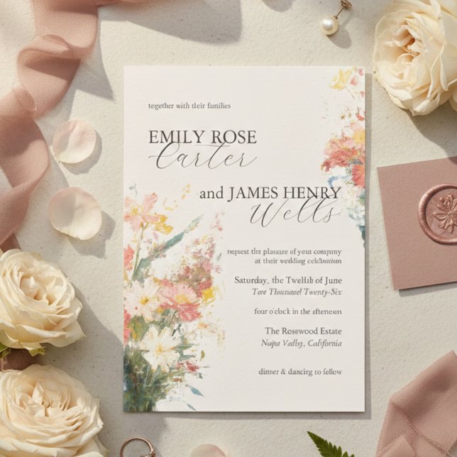 Convite Casamento Floral Pintado com Tonalidade Romântica (Romantic Blush Painted Floral Wedding Invitation)