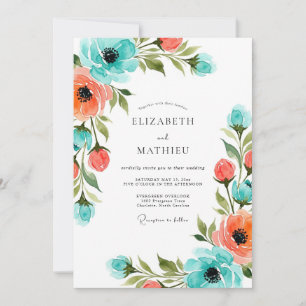 Convite Casamento Floral Pintado Coral Turquesa