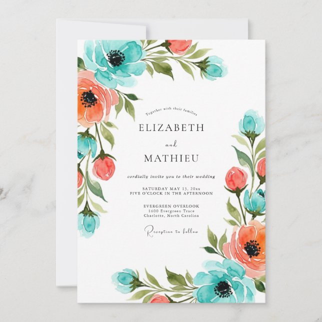 Convite Casamento Floral Pintado Coral Turquesa (Frente)