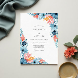 Convite Casamento Floral Pintado Coral Verde-água