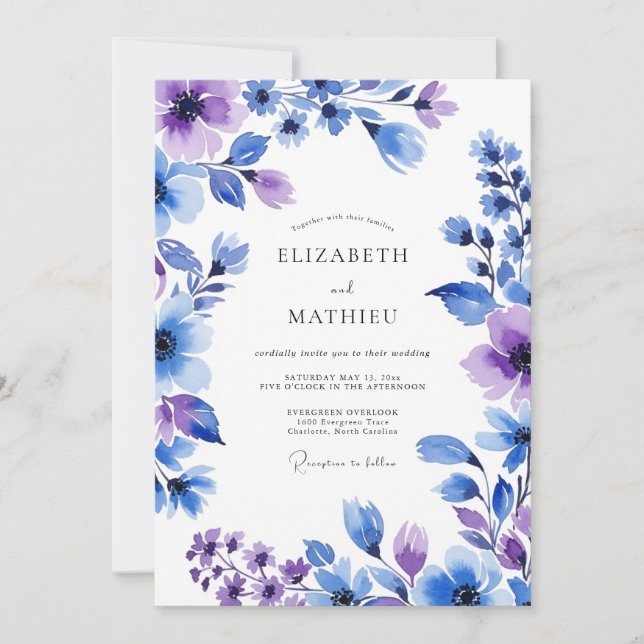 Convite Casamento Floral Pintado de Lavanda Azul (Frente)