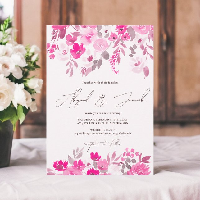 Convite Casamento floral pintado de mão rústica rosa-boho (Boho pink rustic hand painted floral wedding invitation)
